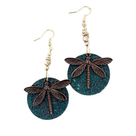 Copper Dragonfly Earrings Disc Fish Hook - Cottage Core, Dragonfly Jewelry Boho - Picture 2 of 2